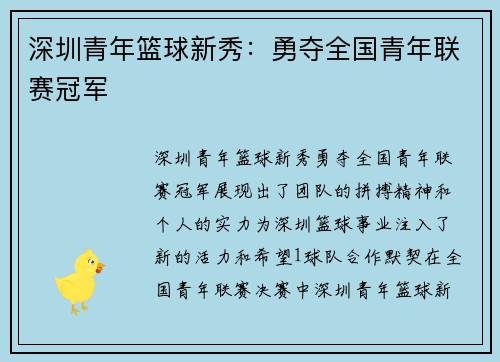 深圳青年篮球新秀：勇夺全国青年联赛冠军